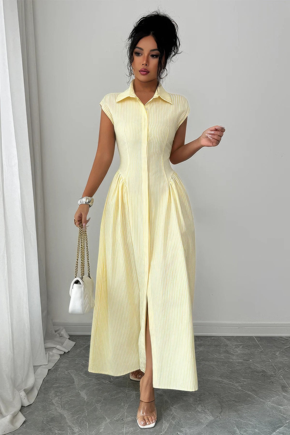 Front Slit Collar Cap Sleeve Ruched Waist Long Dress - MeeeShop Women's Fashion