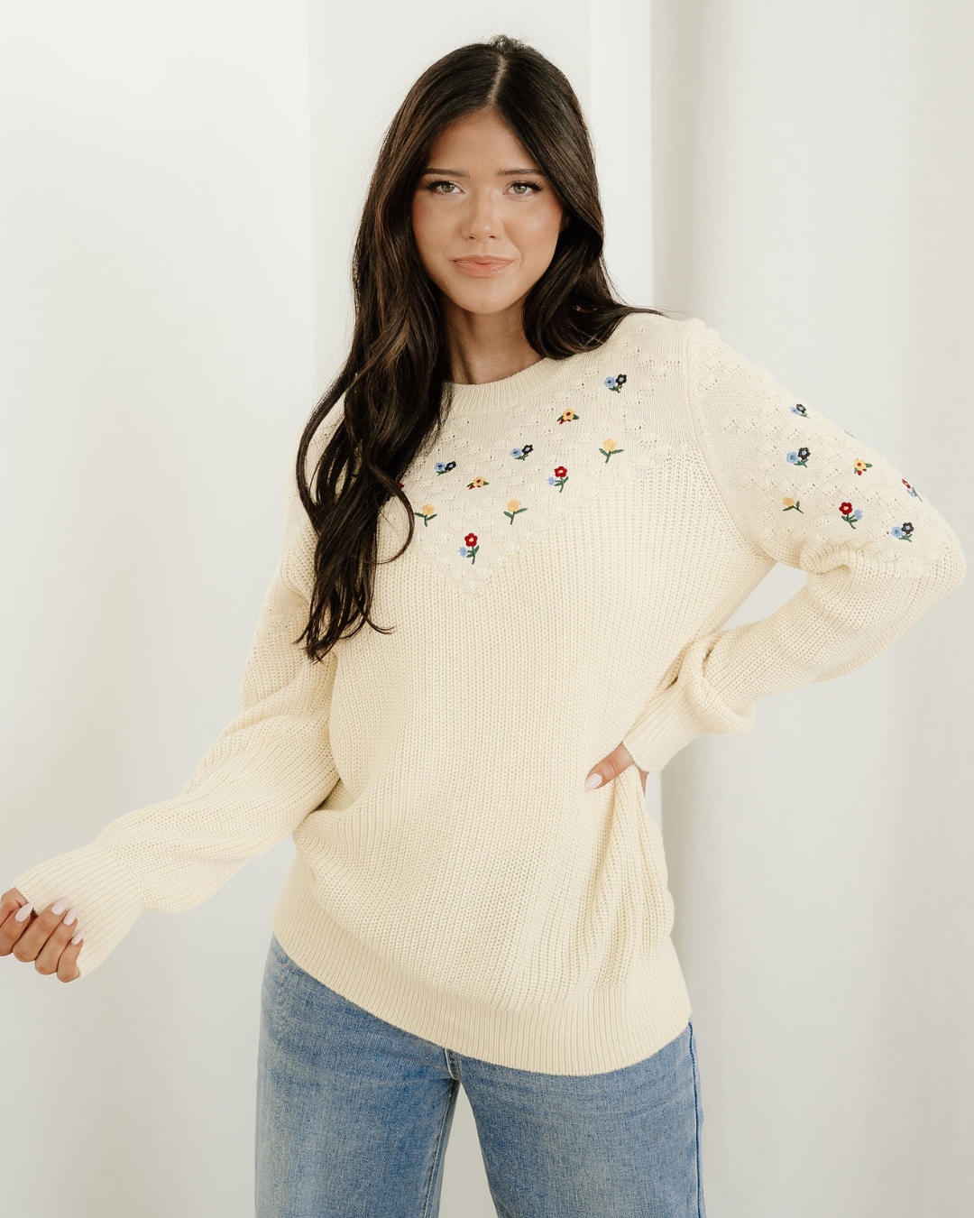 Gemma Flower Embroidered Detail Casual Sweater in XL view 4 (top)