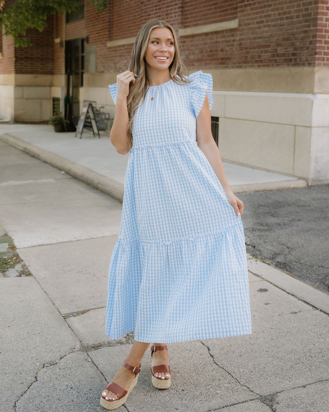 Gingham Knot Back Ruffled Maxi Dress in L view 3 - Gingham Knit Dress