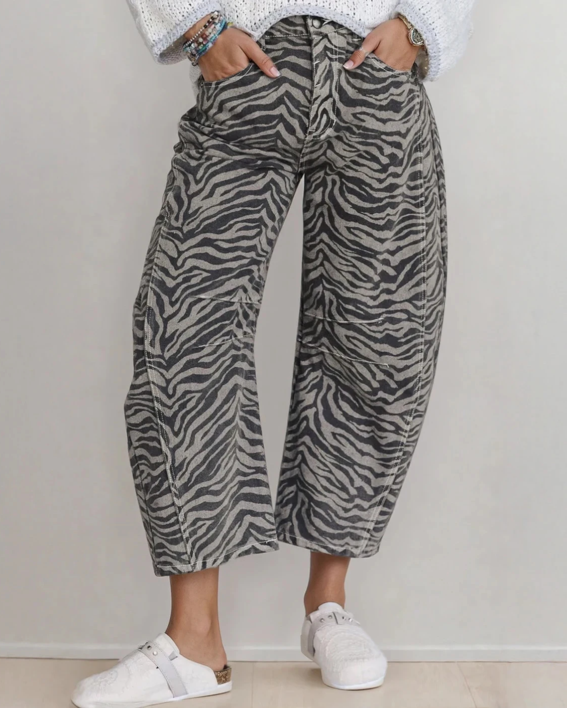 Hailey Zebra Stripe Printed Wide Leg Barrel Jeans in 4 (bottom)