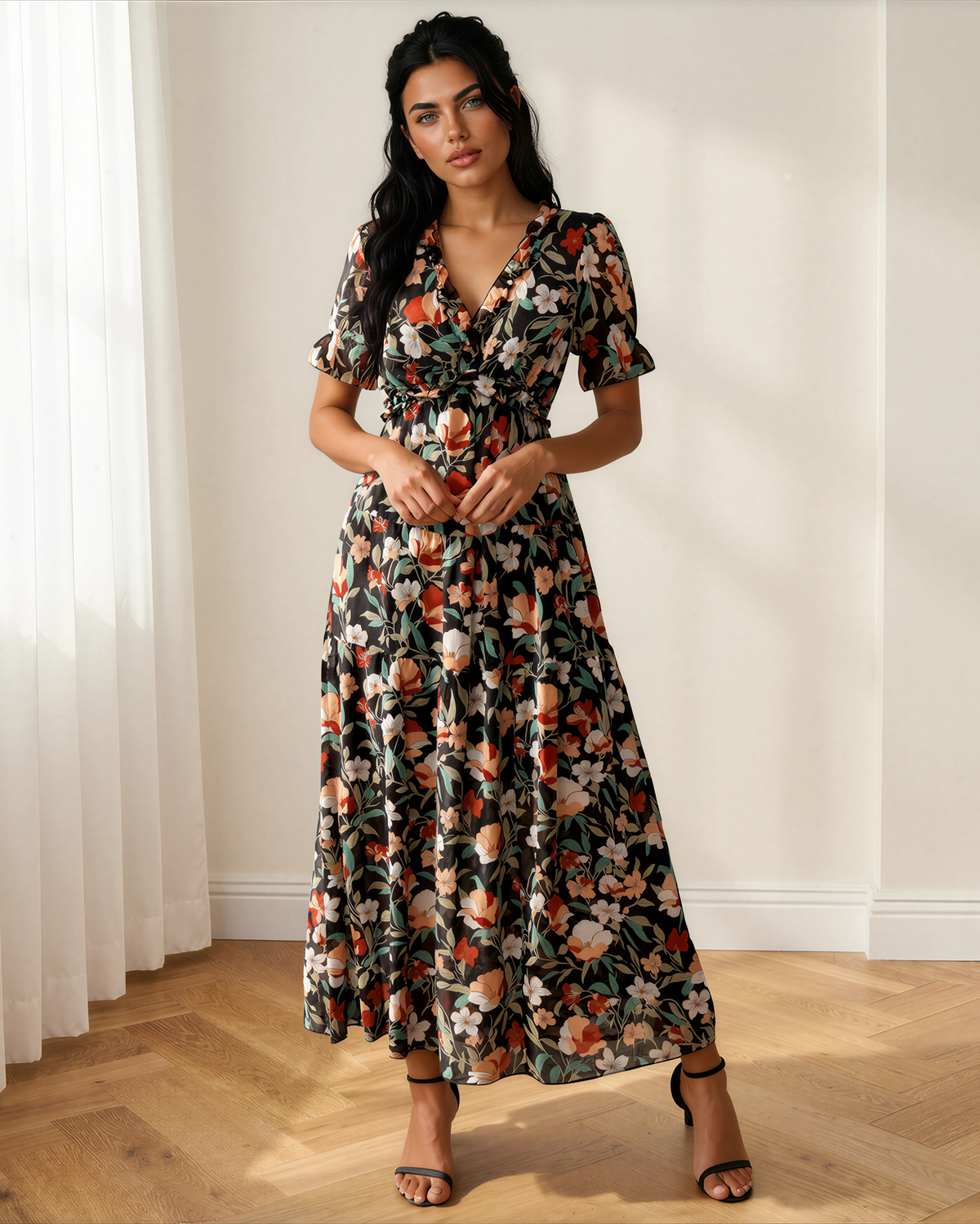Haisley V Neck Short Sleeve Maxi Dress in Black view 8 - Halsey Short Dress