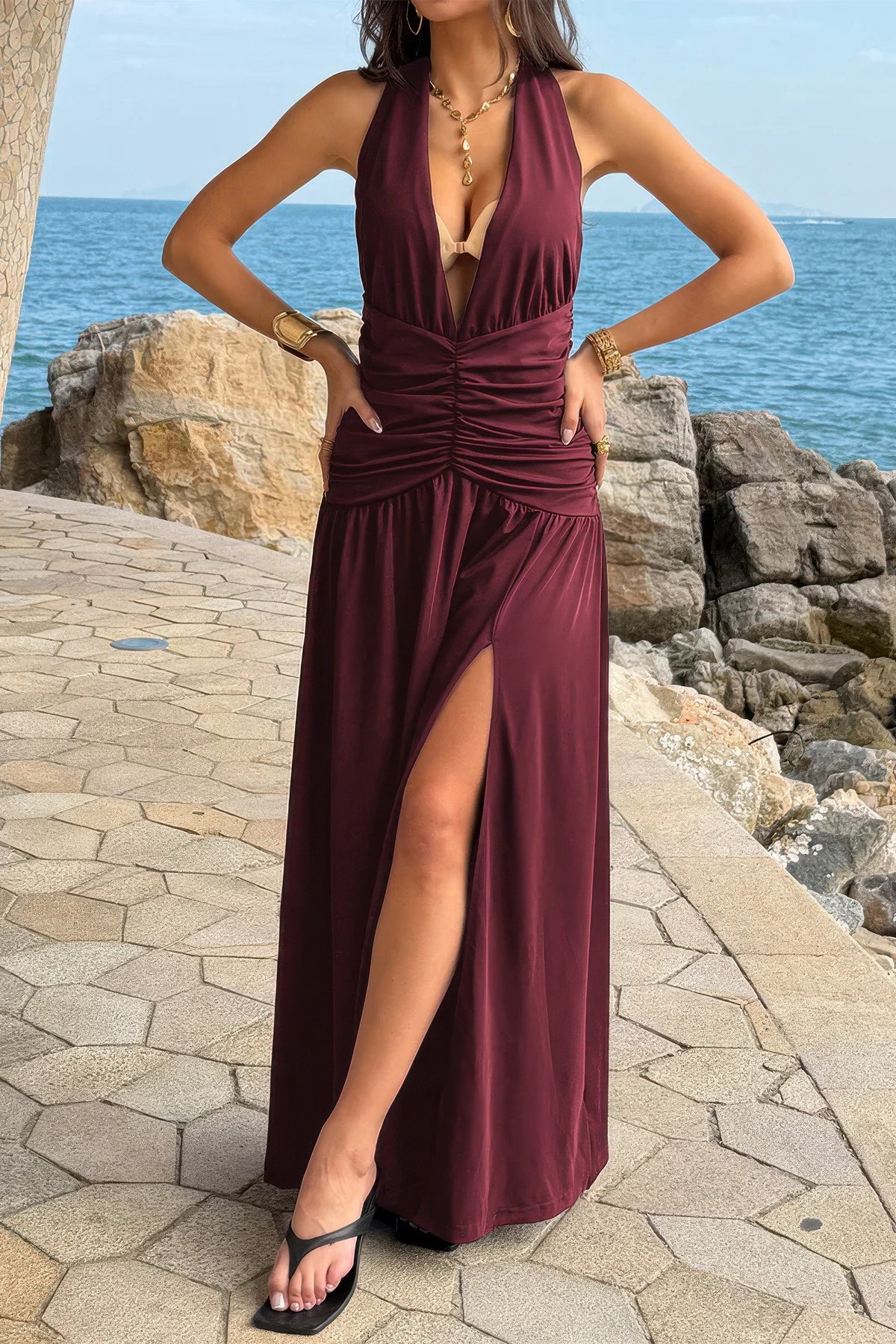 Halter Deep V Neck High Slit Ruched Maxi Dress - MeeeShop Women's Fashion