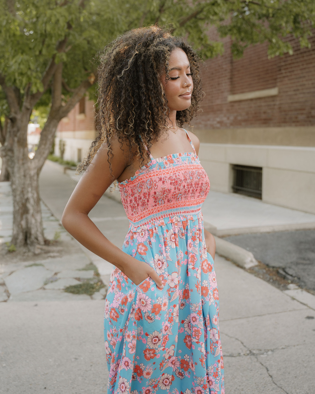 Hattie Bohemian Ethnic Print Spaghetti Straps Vacation Maxi Dress in L view 3 - Boho Style
