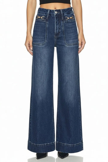 High Rise Slim Palazzo Jean with Metal Link in Dark wash view 2 - High-Waisted - High Rise Linkedin (bottom)