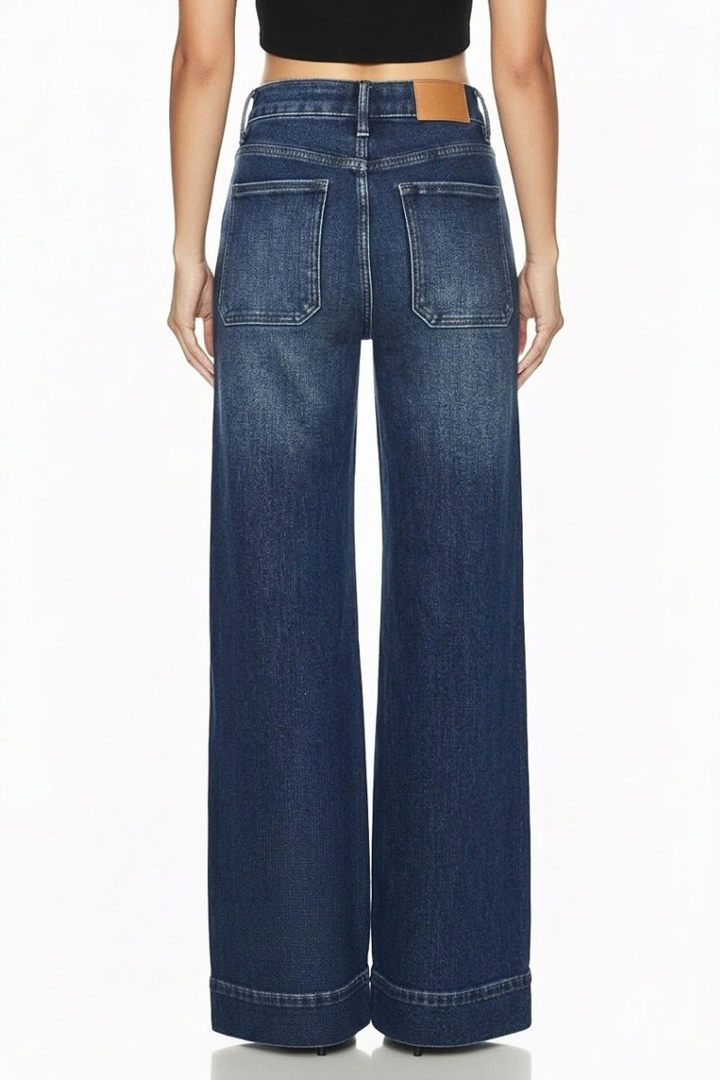 High Rise Slim Palazzo Jean with Metal Link in Dark wash view 4 - High-Waisted - High Rise Linkedin (bottom)
