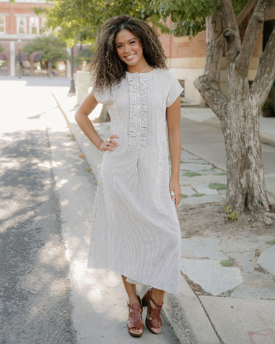 Holly Frilled Detail Half Buttons Short Sleeve Long Dress in M view 2 - Happy Holly Frill Dress