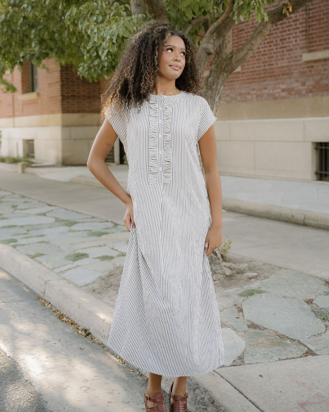 Holly Frilled Detail Half Buttons Short Sleeve Long Dress in L view 3 - Happy Holly Frill Dress