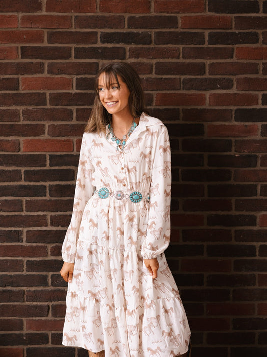 Horse Print Shirt Dress in Ivory view 2 - Horse Print Dress Women