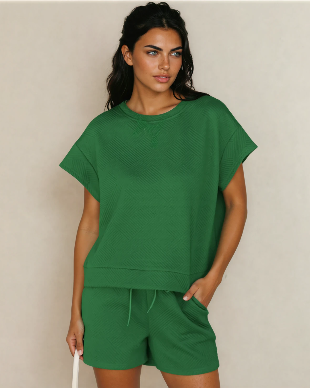 Indie & Co. Astrid Textured Short Sleeve Top and Shorts Set - Green in M view 2 - Green Top
