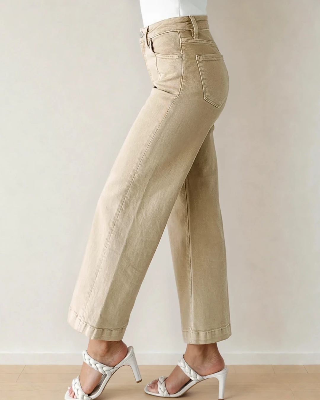Indie & Co. Elsie Solid Color Seamed Center Wide Leg Cropped Jeans - Apricot in Apricot view 5 - Apricot Jeans (bottom)