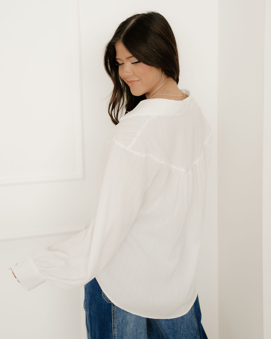 Indie & Co. Mabel Crinkled Texture Lantern Sleeve Button Down Loose Shirt view 10 - Relaxed Fit (top)