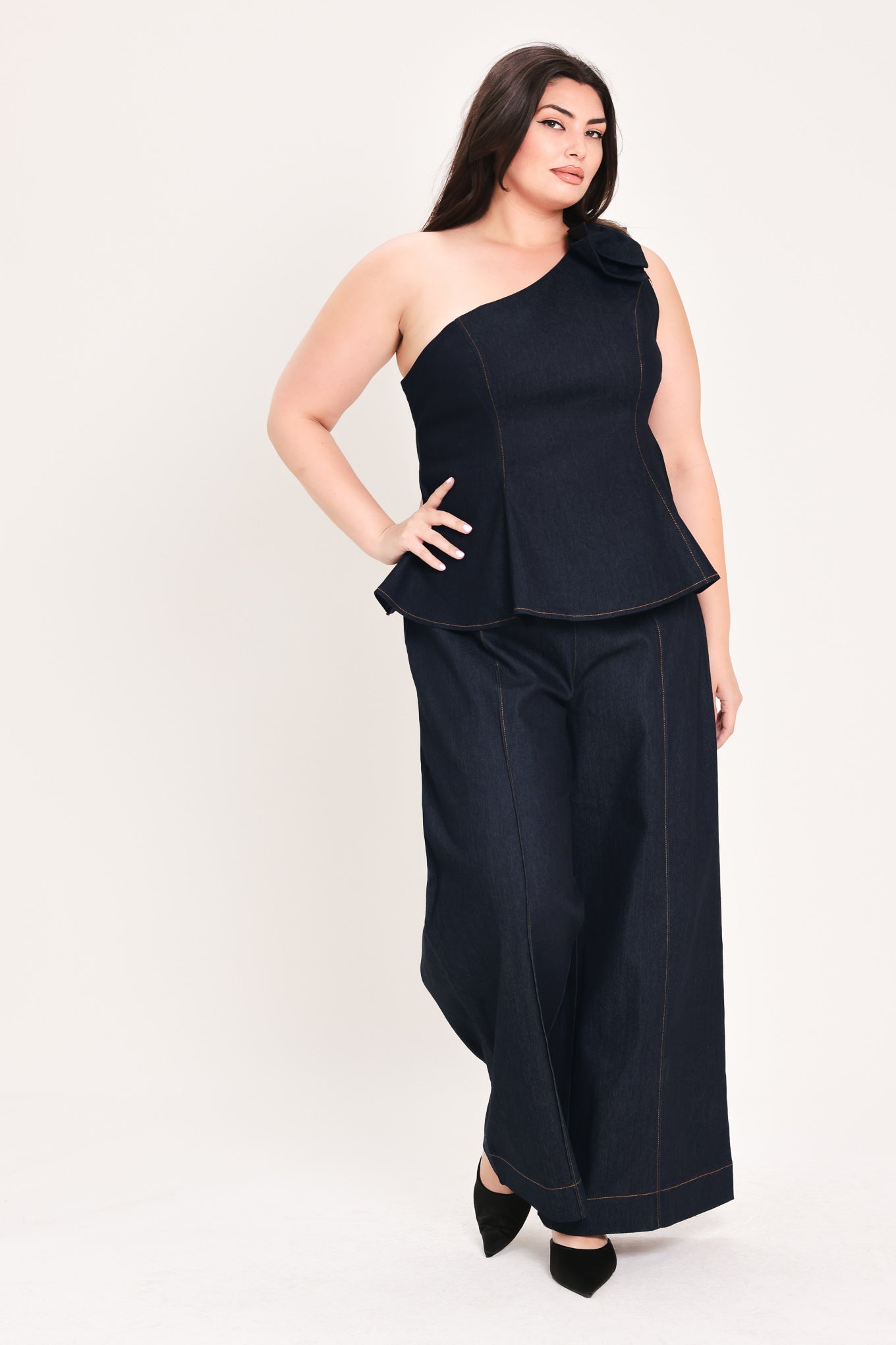 Indigo Bow One Shoulder Denim Top view 12