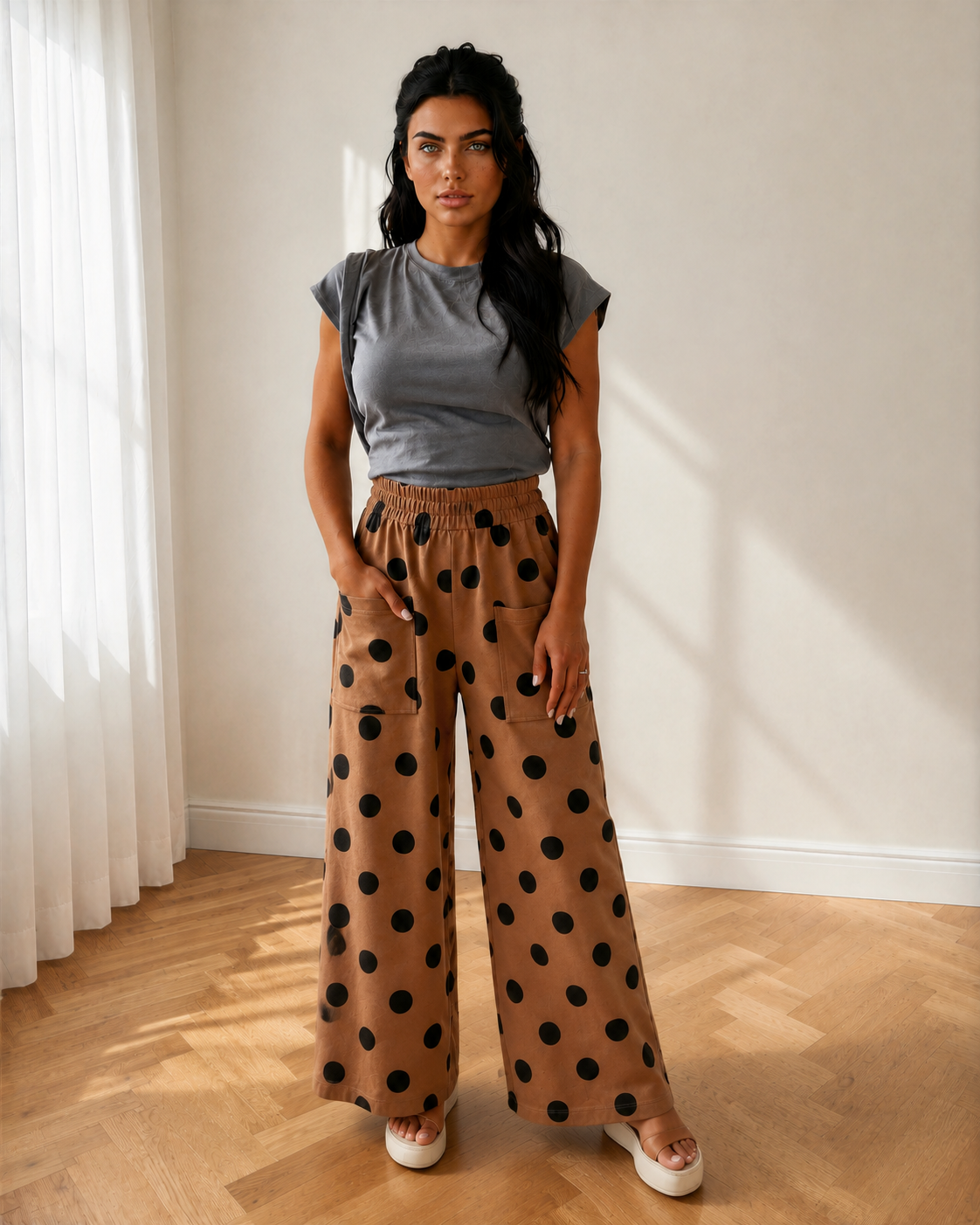 Ivy Polka Dot Wide Leg Elastic Waist Casual Pants in M view 2 - Comfort Stretch - Pol Pink Pants (bottom)