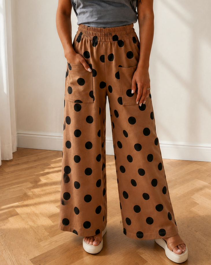 Ivy Polka Dot Wide Leg Elastic Waist Casual Pants in L view 3 - Comfort Stretch - Pol Pink Pants (bottom)
