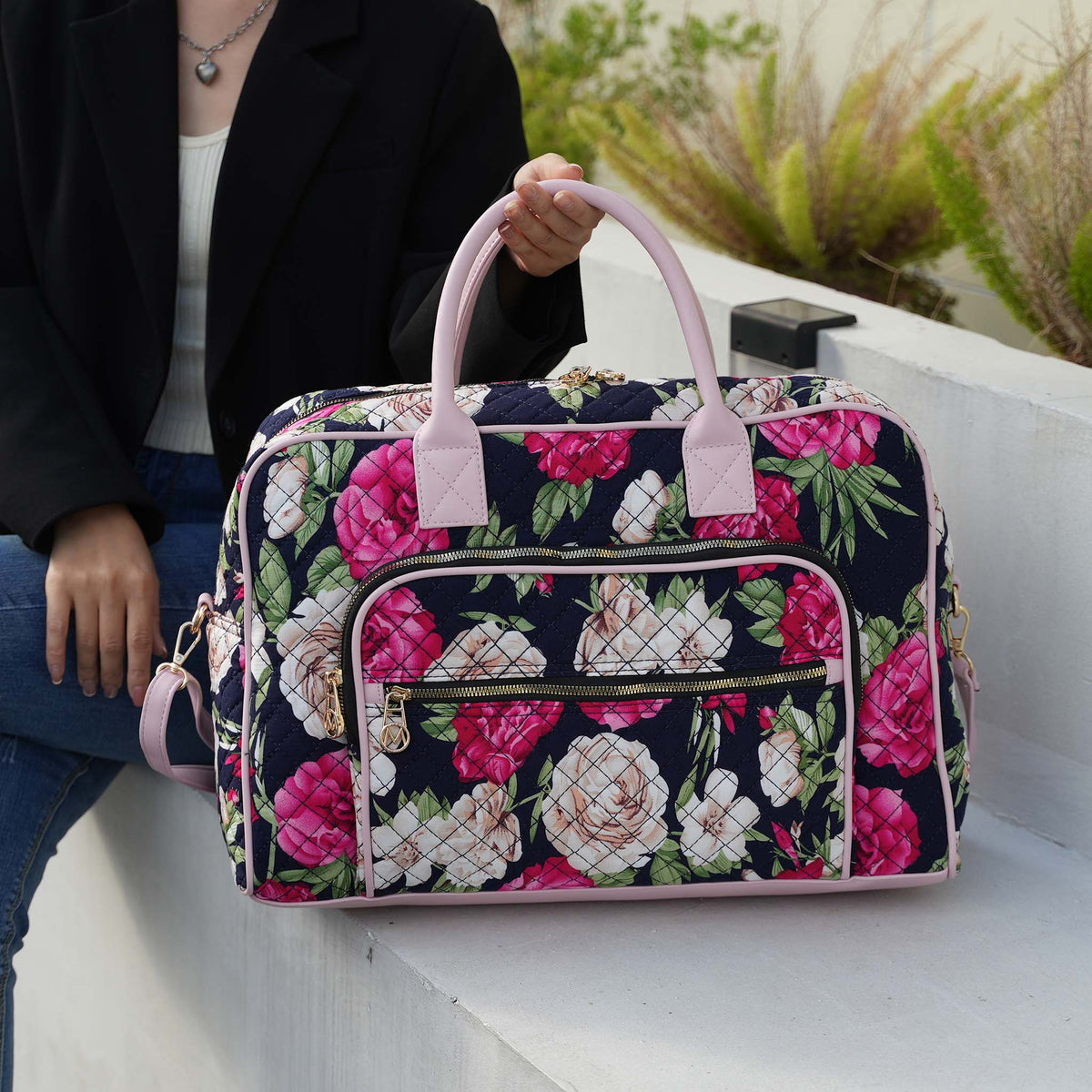 Jayla Weekender Bag in Floral Blue view 2 - Jayla Weekend Tote Bag