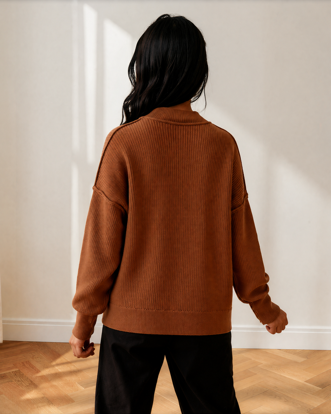 Jen Ribbed Knit Stand Neck Regular Fit Sweater in Chestnut view 4 - Fall Wardrobe Essential - Regular Sweater (top)