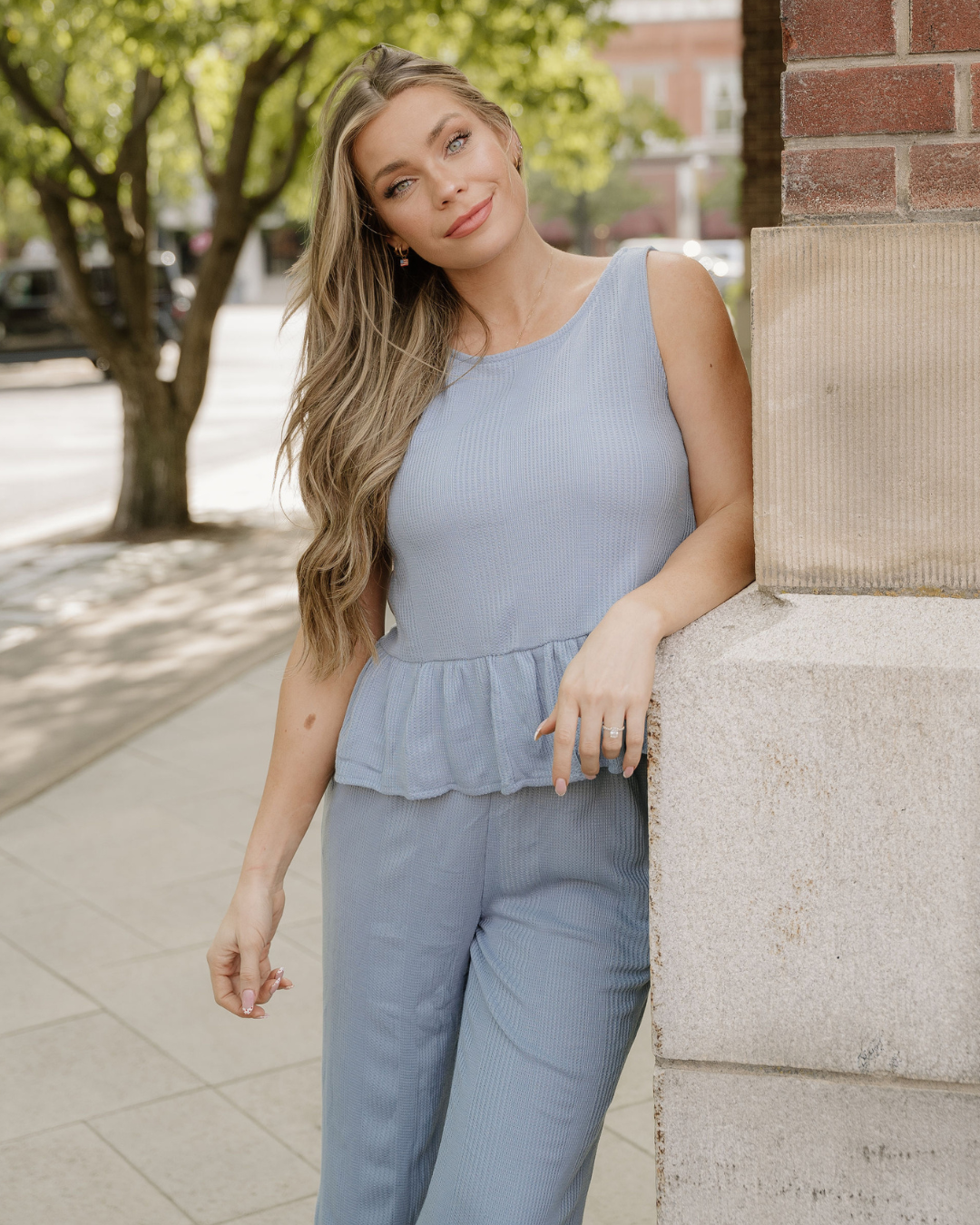 Jordan Ribbed Ruffle Tank Top and Pants Set in Beau Blue view 5 - Jordan Ribbed Tank Top
