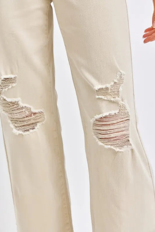 Judy Blue Full Size High Waist Distressed Wide Leg Jeans in BONE view 4 - High-Waisted (bottom)