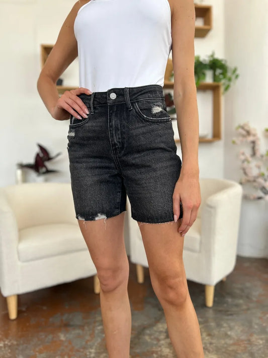 Judy Blue Full Size High Waist Rigid Magic Denim Shorts in Black view 2 - High-Waisted - Judy Blue Shorts (bottom)