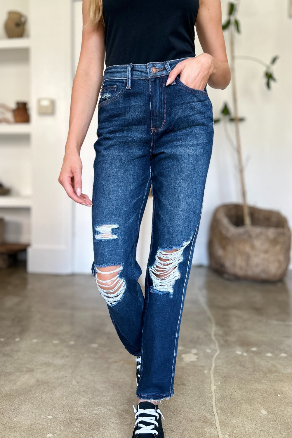 Judy Blue Full Size High Waist Rigid Magic Heavy Destroy Straight Jeans in Dark view 15 - High-Waisted (bottom)