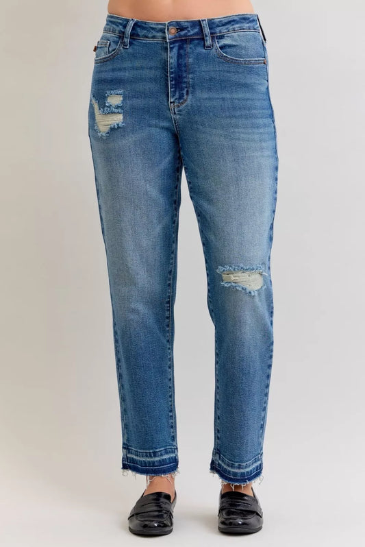 Judy Blue Full Size Mid Rise Bf Patch & Repair Destroy Release Hem Jeans plus Size in MD view 2 - Curvy Fit - Judy Blue Jeans