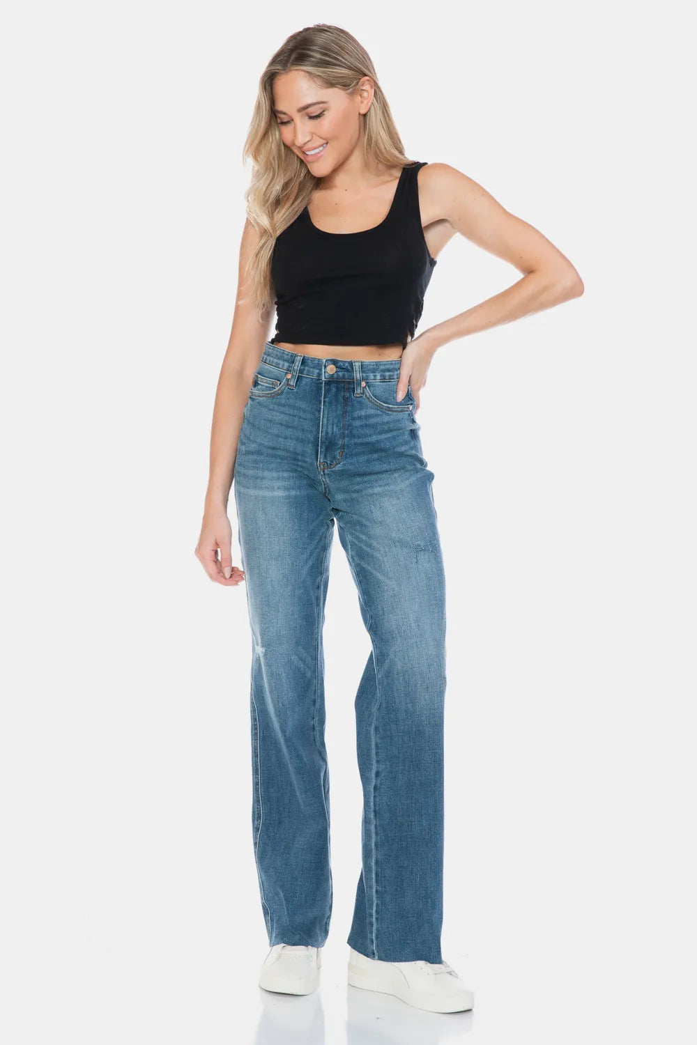 Judy Blue Full Size Tummy Control Cut Raw Hem Straight Jeans - MeeeShop Women's Fashion