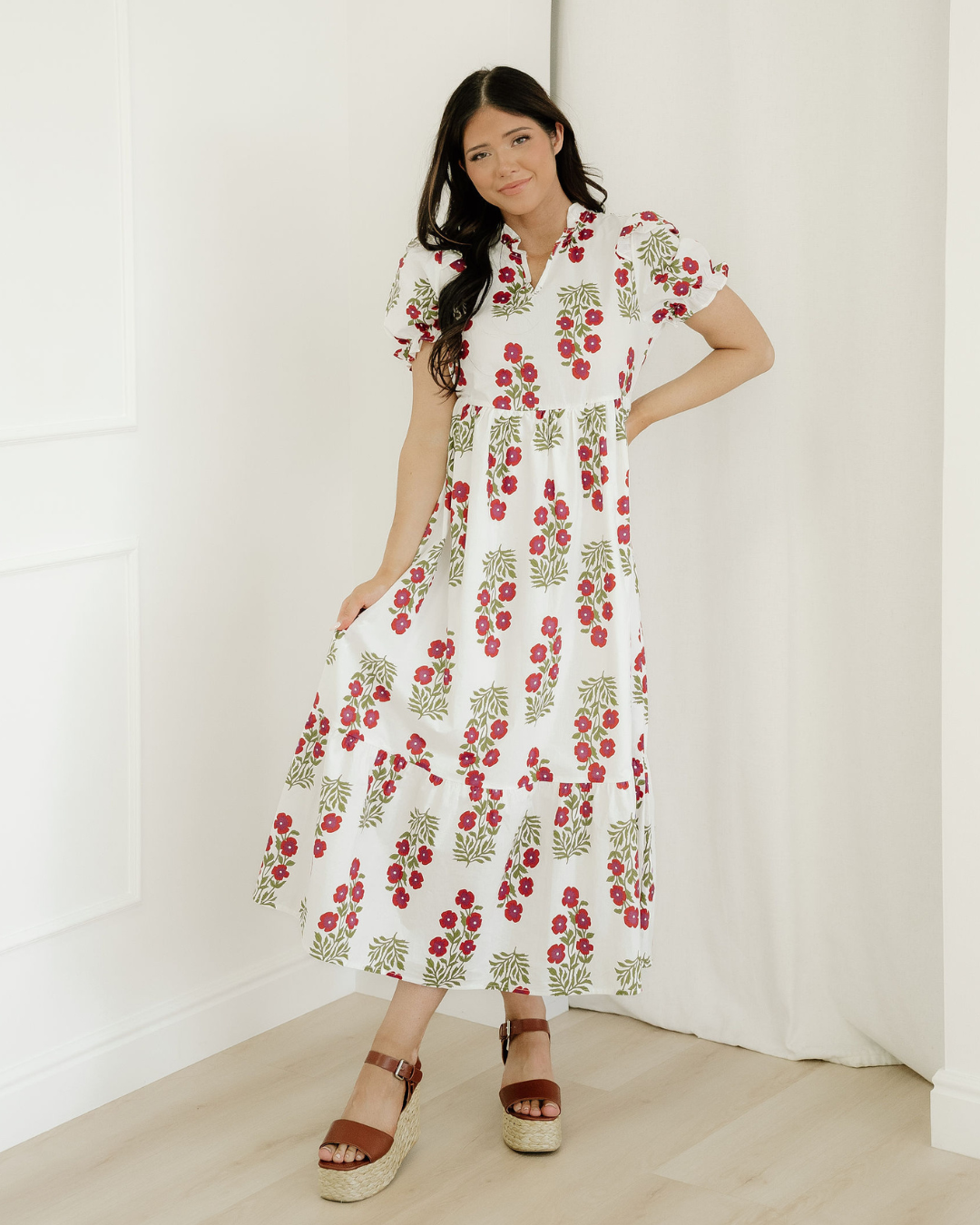 Kali Short Bubble Sleeve Tiered Maxi Dress in Beige view 2 - Short Kali Dress