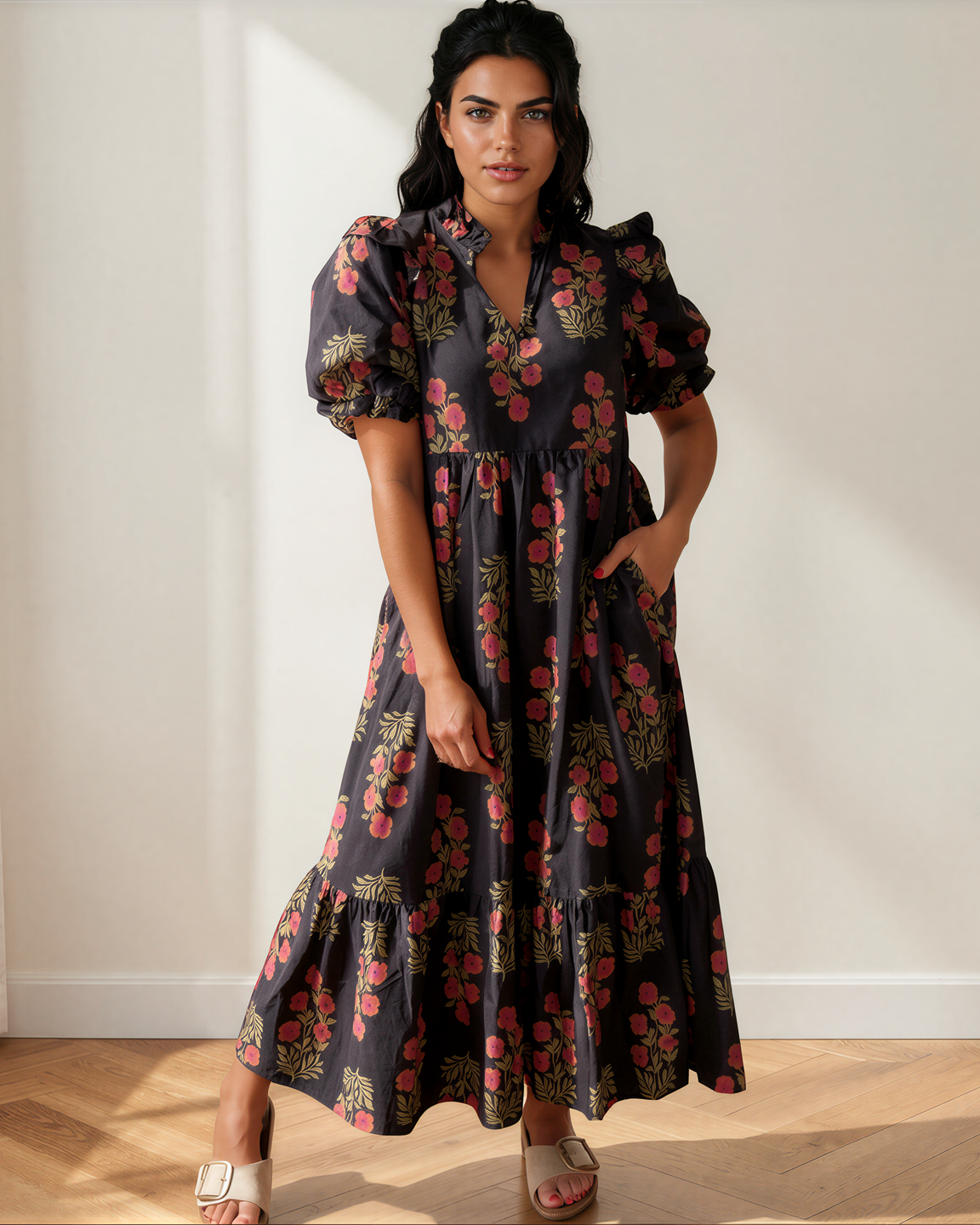 Kali Short Bubble Sleeve Tiered Maxi Dress in Black view 8 - Short Kali Dress