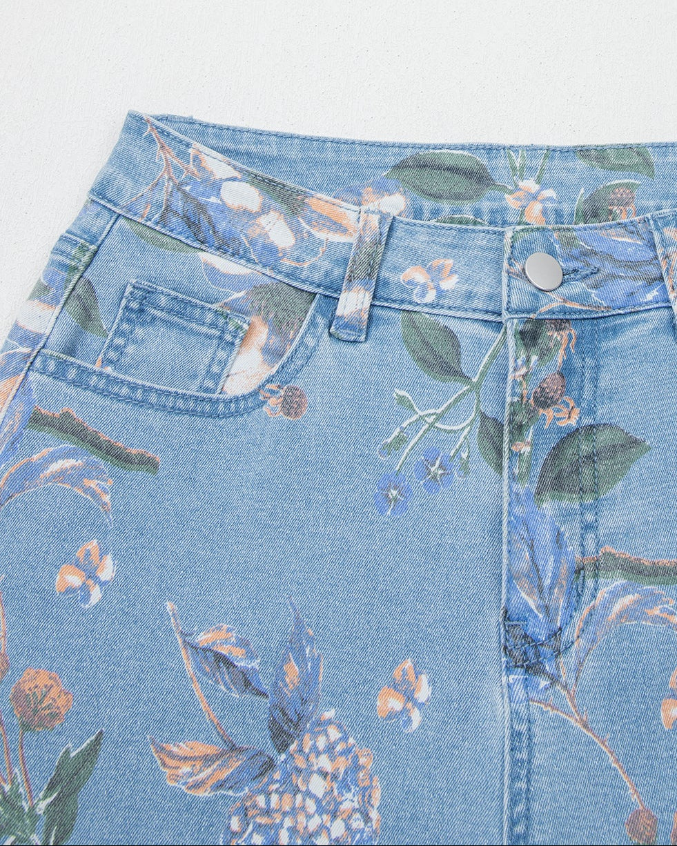 Kinsley Retro Floral Print Frayed Hem Shift Jeans in 16 view 7 (dress)