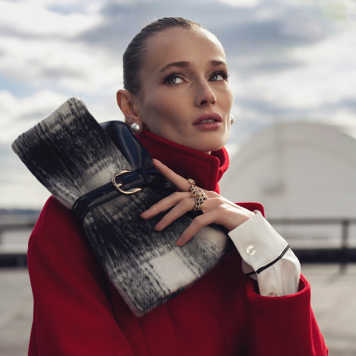 Koumei Faux Fur Clutch Bag in Burgundy Check view 2 - Koumei Fashion