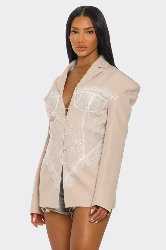 Lace Command Corset Blazer - Blush Nude in 1XL view 2 - Casual Office Outfit - Lace Collar Blazer (layer)