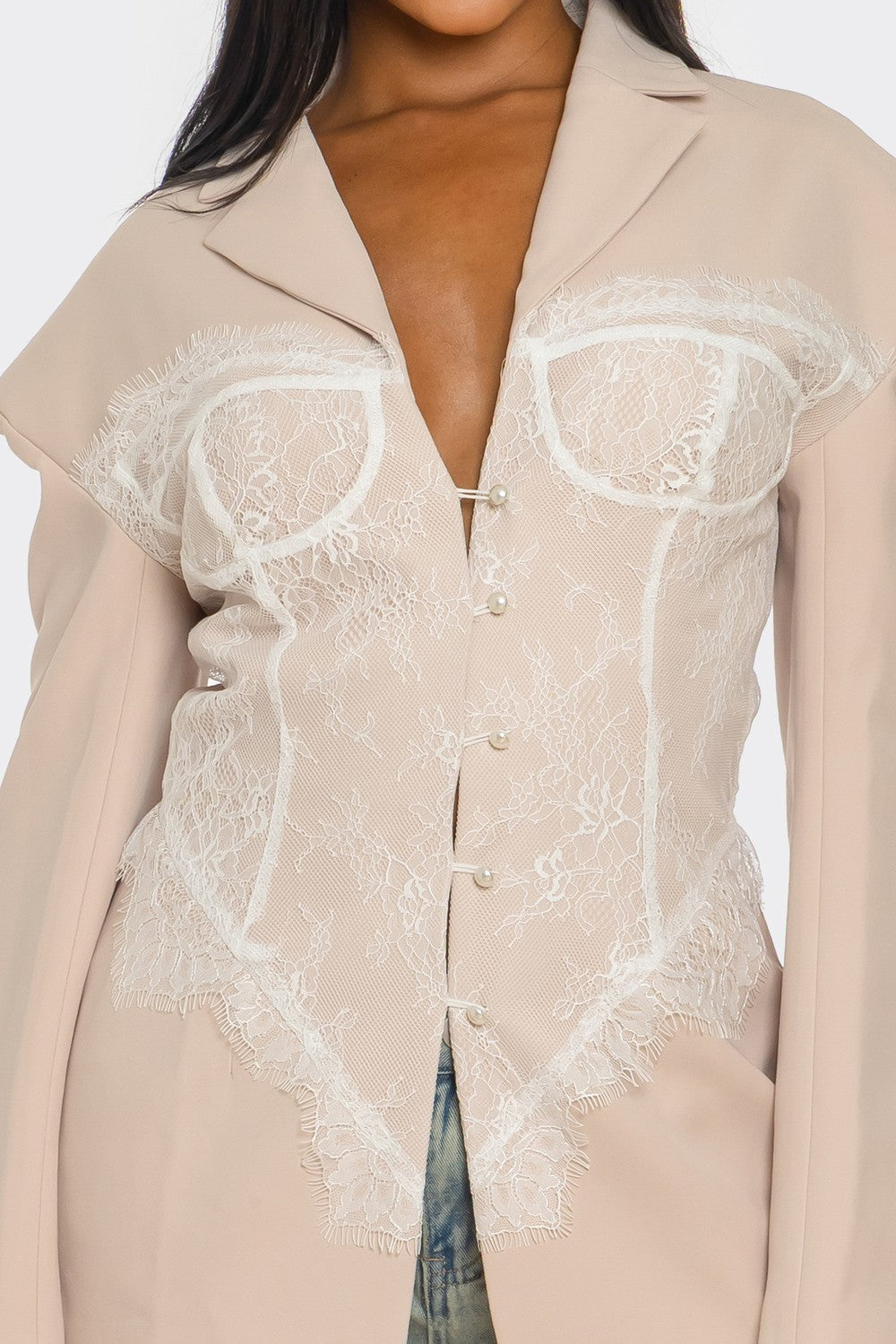 Lace Command Corset Blazer - Blush Nude view 5 - Casual Office Outfit - Lace Collar Blazer (layer)