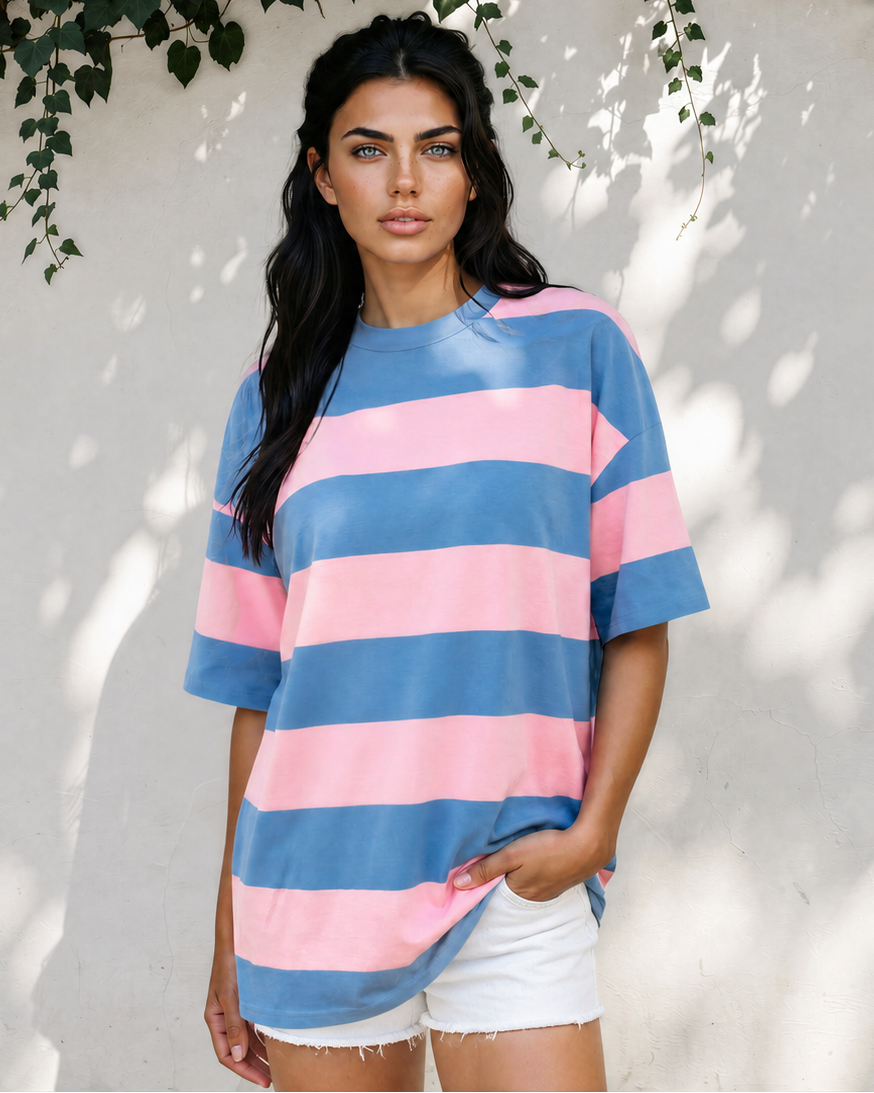 Landry Striped Color Block Oversize Tunic Tee in Bright Pink (top)