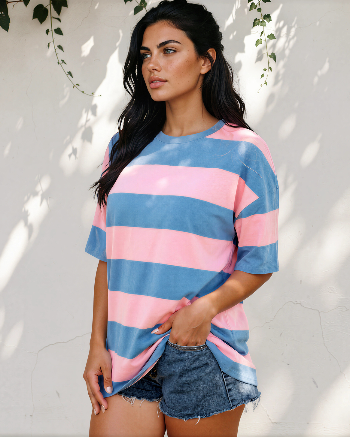 Landry Striped Color Block Oversize Tunic Tee in Bright Pink view 2 (top)