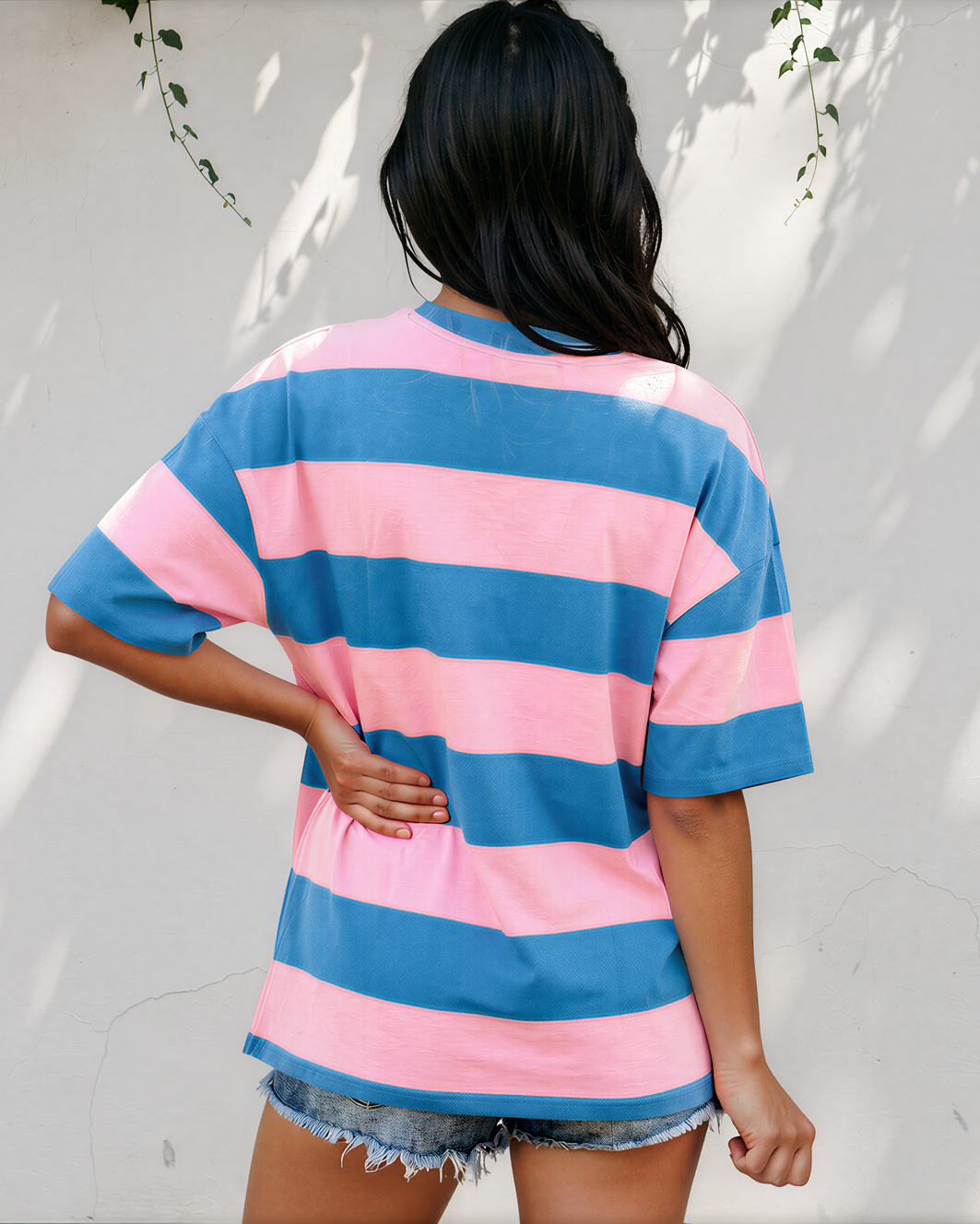 Landry Striped Color Block Oversize Tunic Tee in Bright Pink view 4 (top)