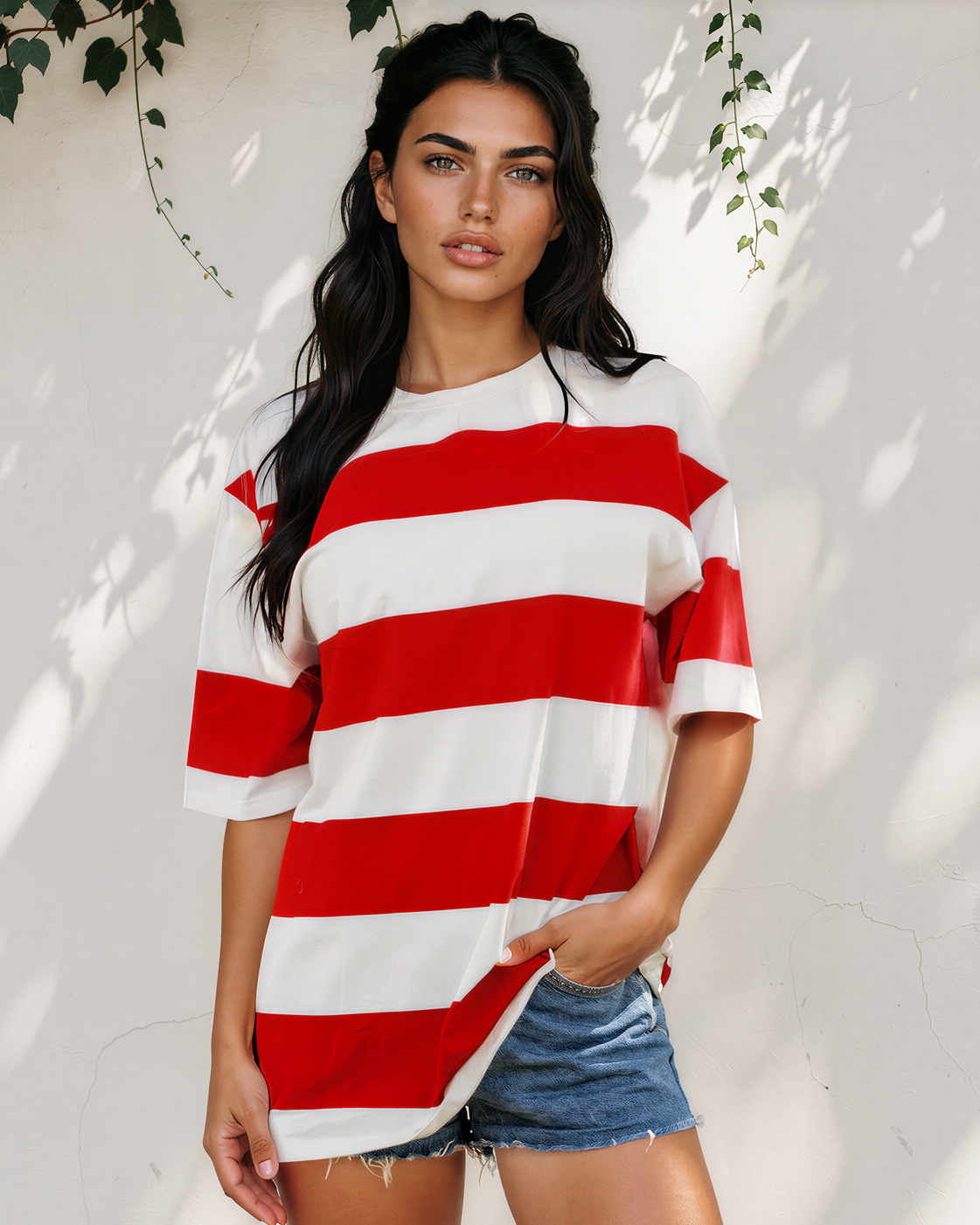 Landry Striped Color Block Oversize Tunic Tee in Racing Red view 5 (top)