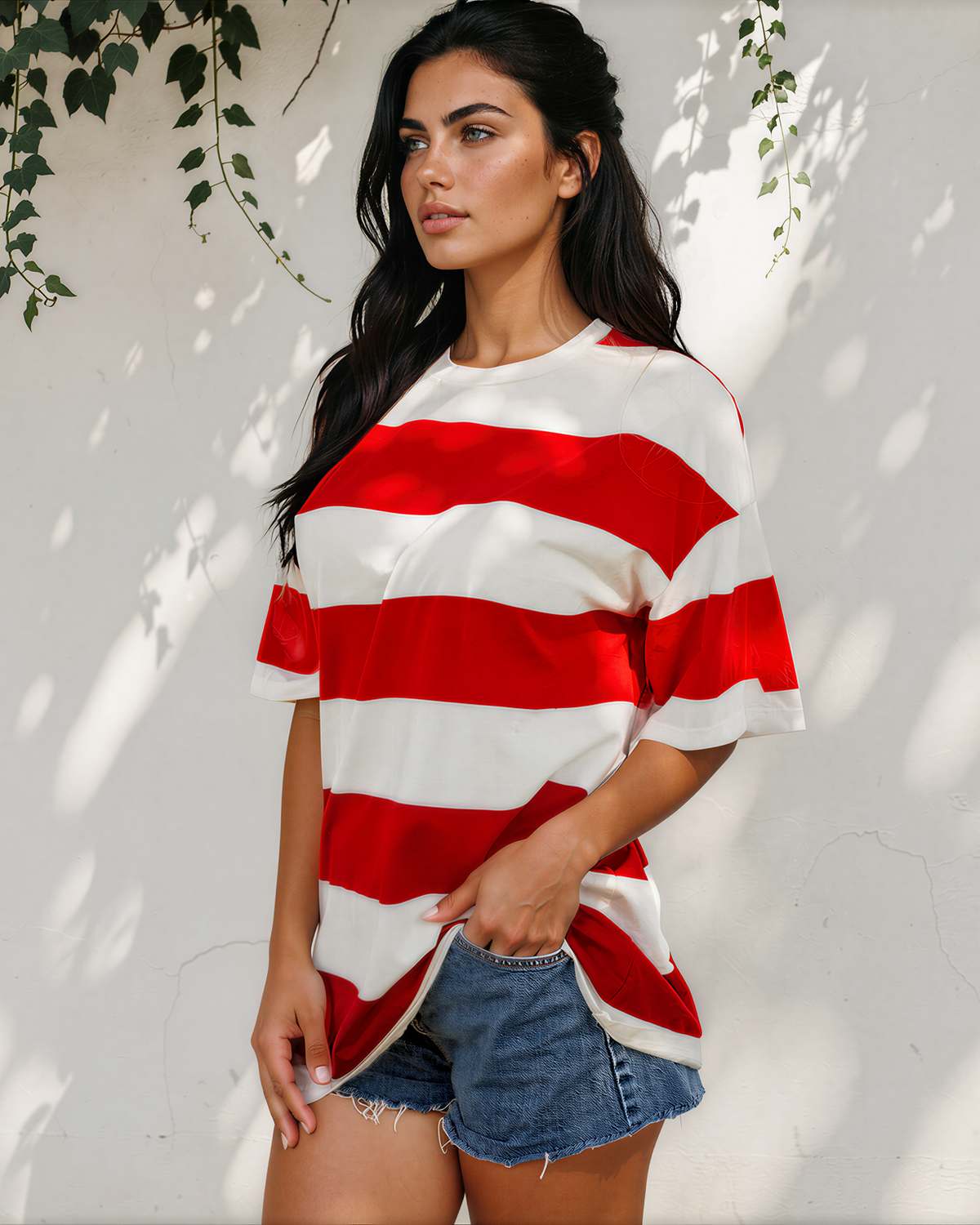 Landry Striped Color Block Oversize Tunic Tee in Racing Red view 6 (top)