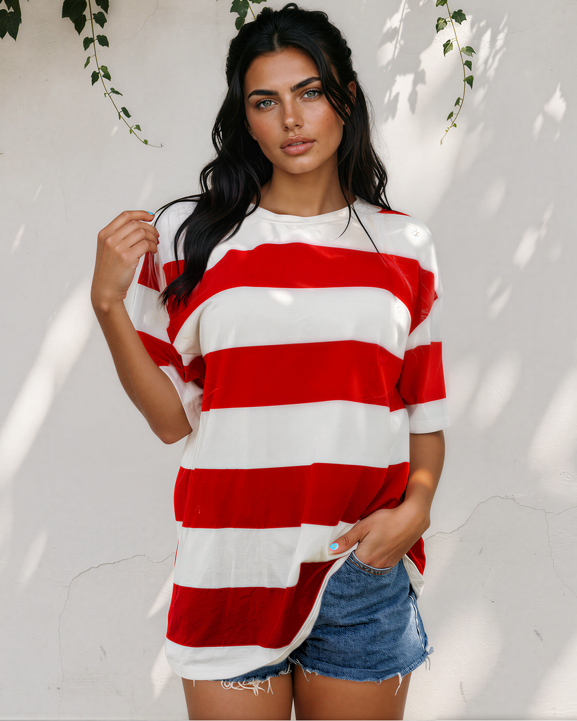 Landry Striped Color Block Oversize Tunic Tee in Racing Red view 7 (top)
