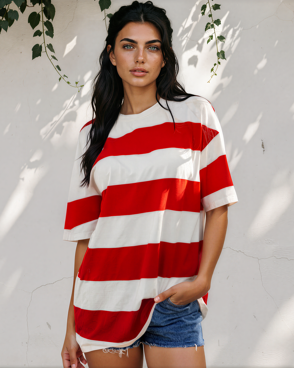 Landry Striped Color Block Oversize Tunic Tee in Racing Red view 8 (top)