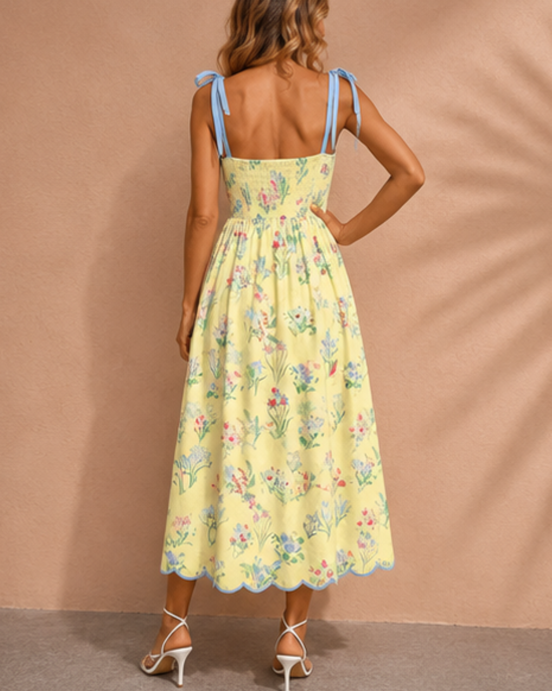 Laylani Contrast Trim Self-tie Straps High Waist Midi Dress in Yellow view 12 - High-Waisted
