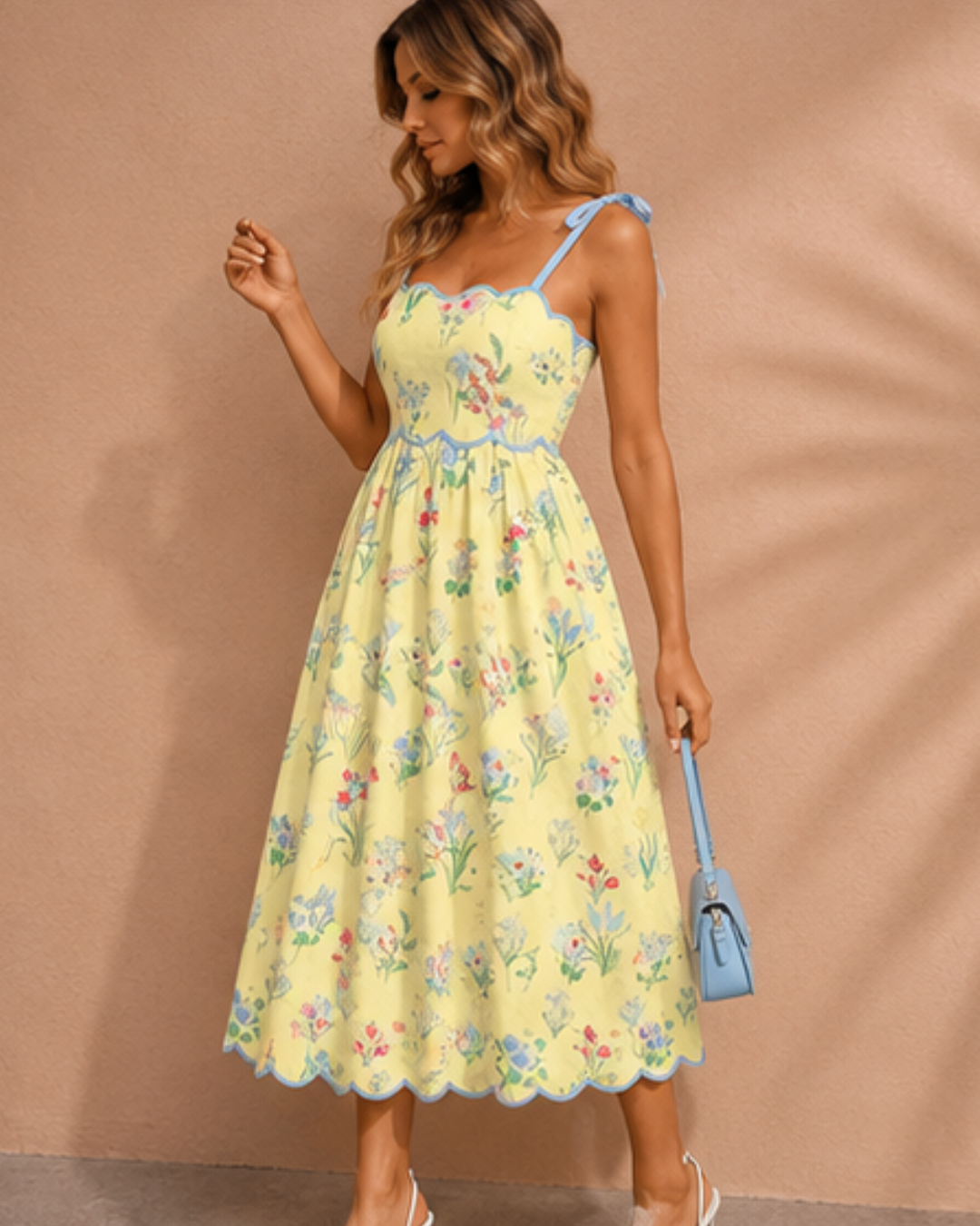 Laylani Contrast Trim Self-tie Straps High Waist Midi Dress view 15 - High-Waisted