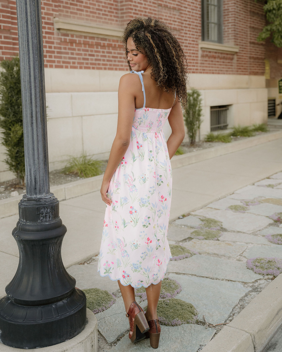 Laylani Contrast Trim Self-tie Straps High Waist Midi Dress in Beige view 5 - High-Waisted