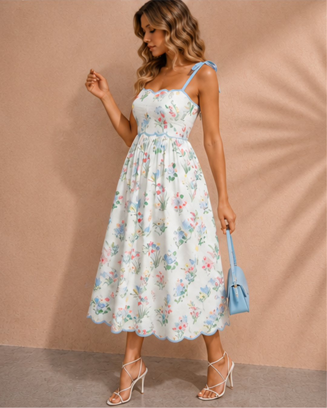 Laylani Contrast Trim Self-tie Straps High Waist Midi Dress in Beige view 7 - High-Waisted
