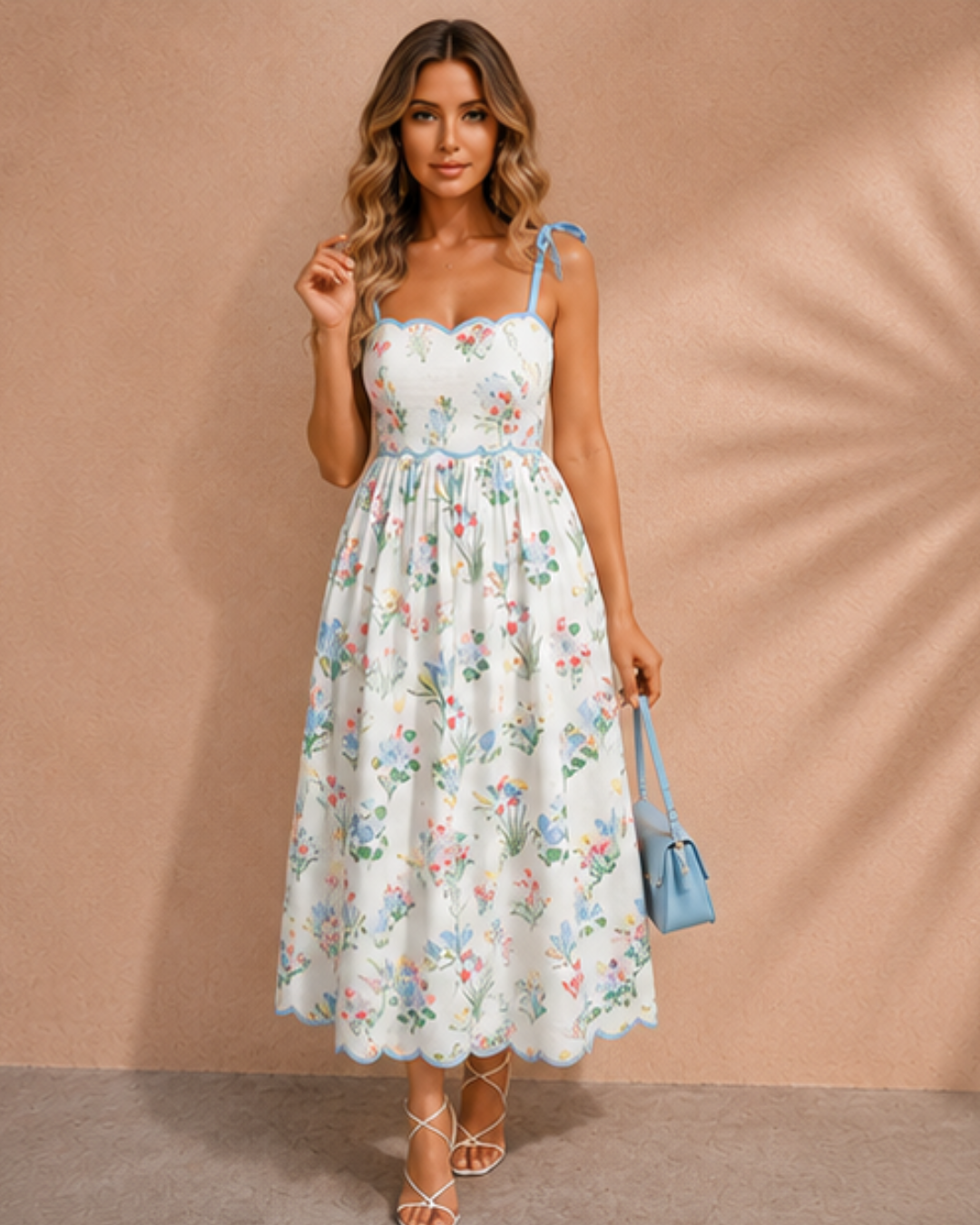 Laylani Contrast Trim Self-tie Straps High Waist Midi Dress in Beige view 8 - High-Waisted