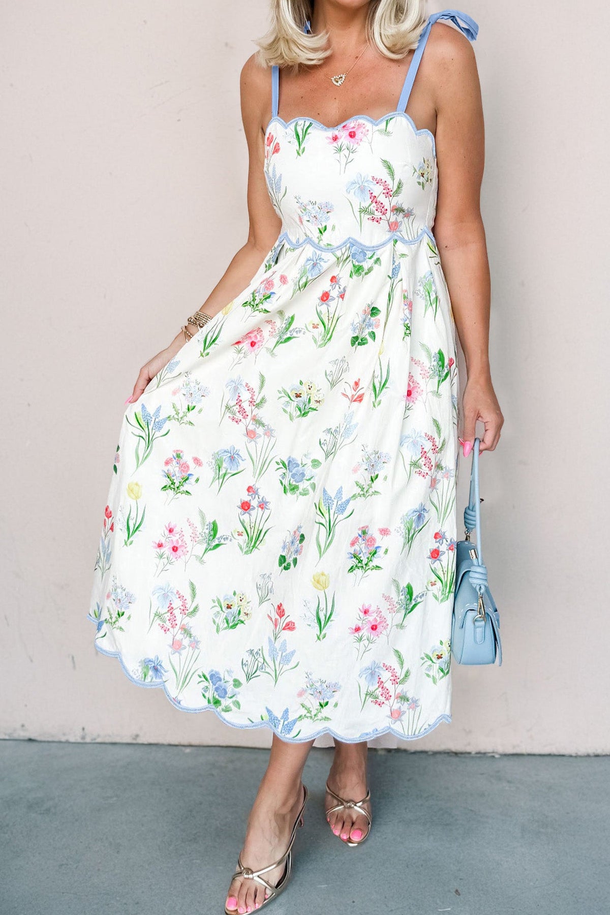 Laylani Contrast Trim Self-tie Straps High Waist Midi Dress in Yellow view 9 - High-Waisted