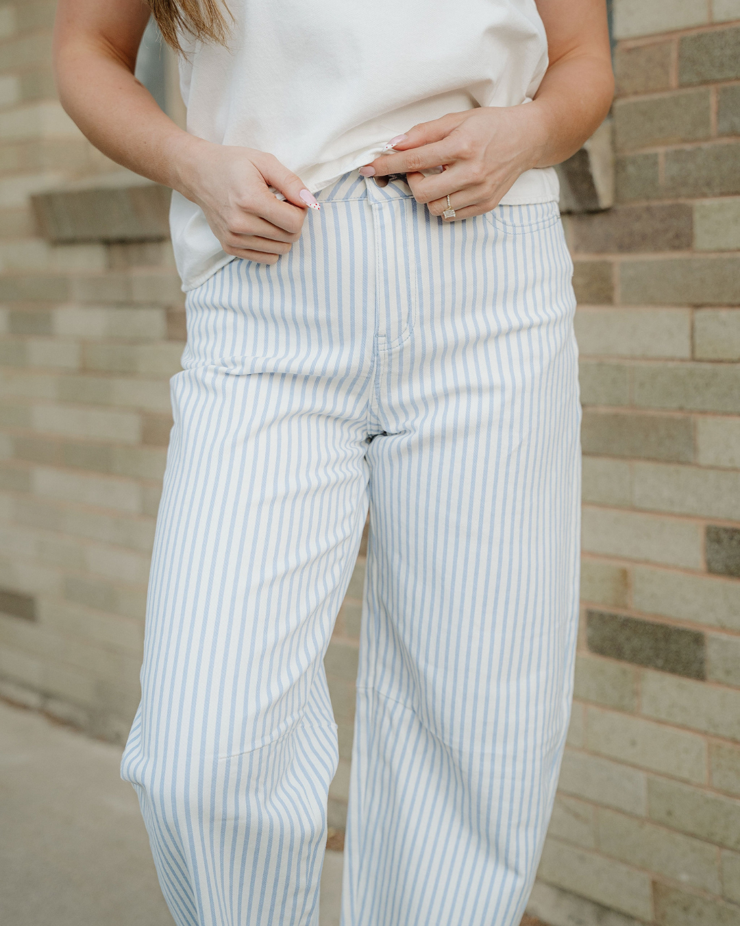 Lennox Stripe Casual Barrel Jeans in Sky Blue Stripe view 8 (bottom)