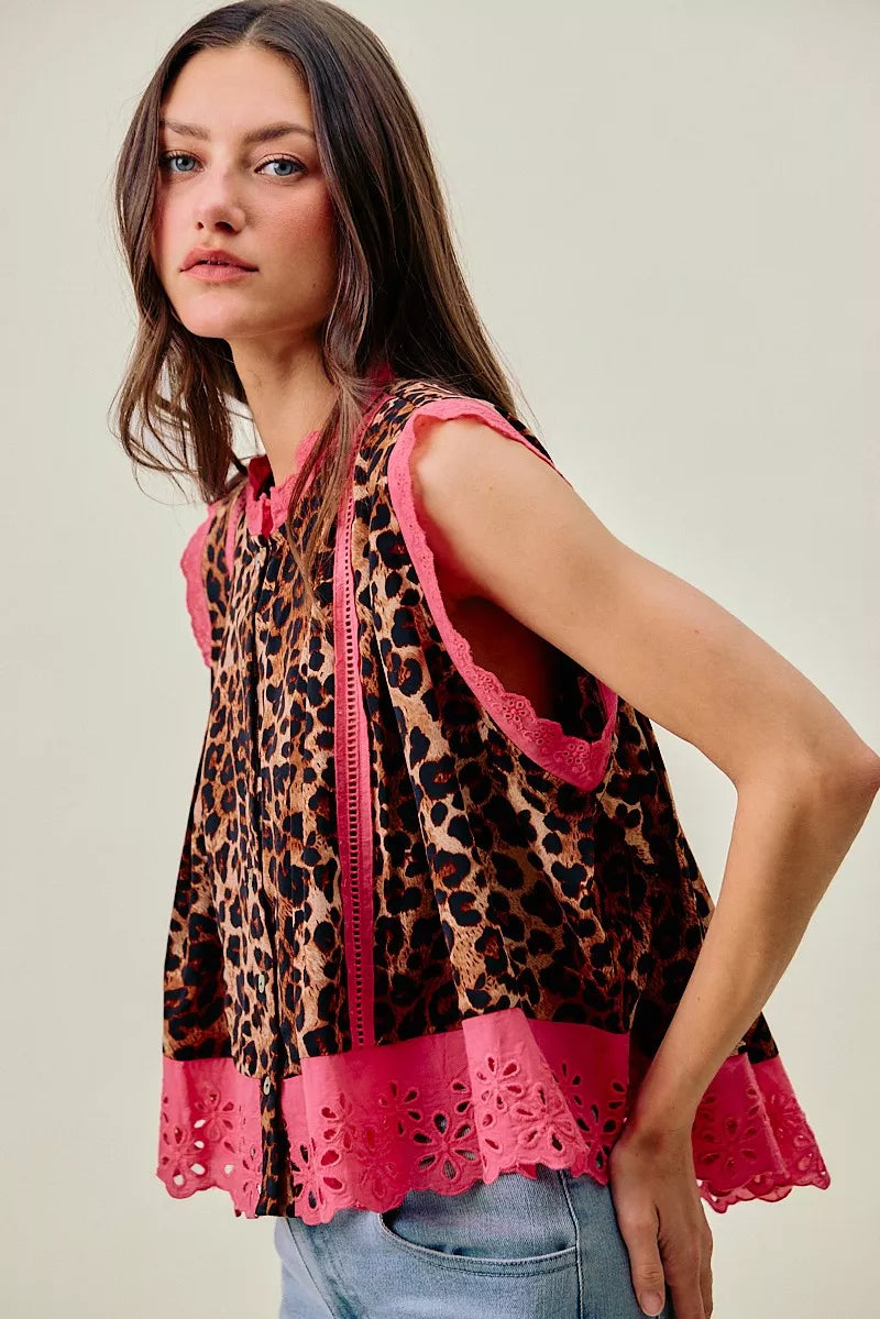 leopard button pleated So Me Leopard Button up Pleated Sleeveless Blouse view 11 (top) - shop at us.meeeshop