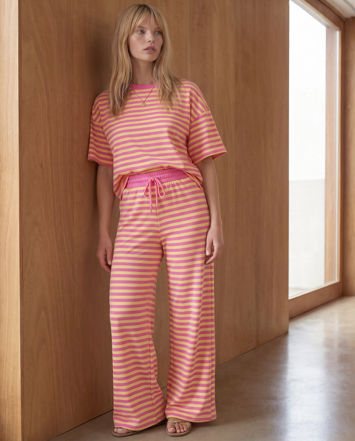 Lexie Drawstring Elastic Waist 2pcs Pant Set in Pink Stripe - Comfort Stretch (bottom)
