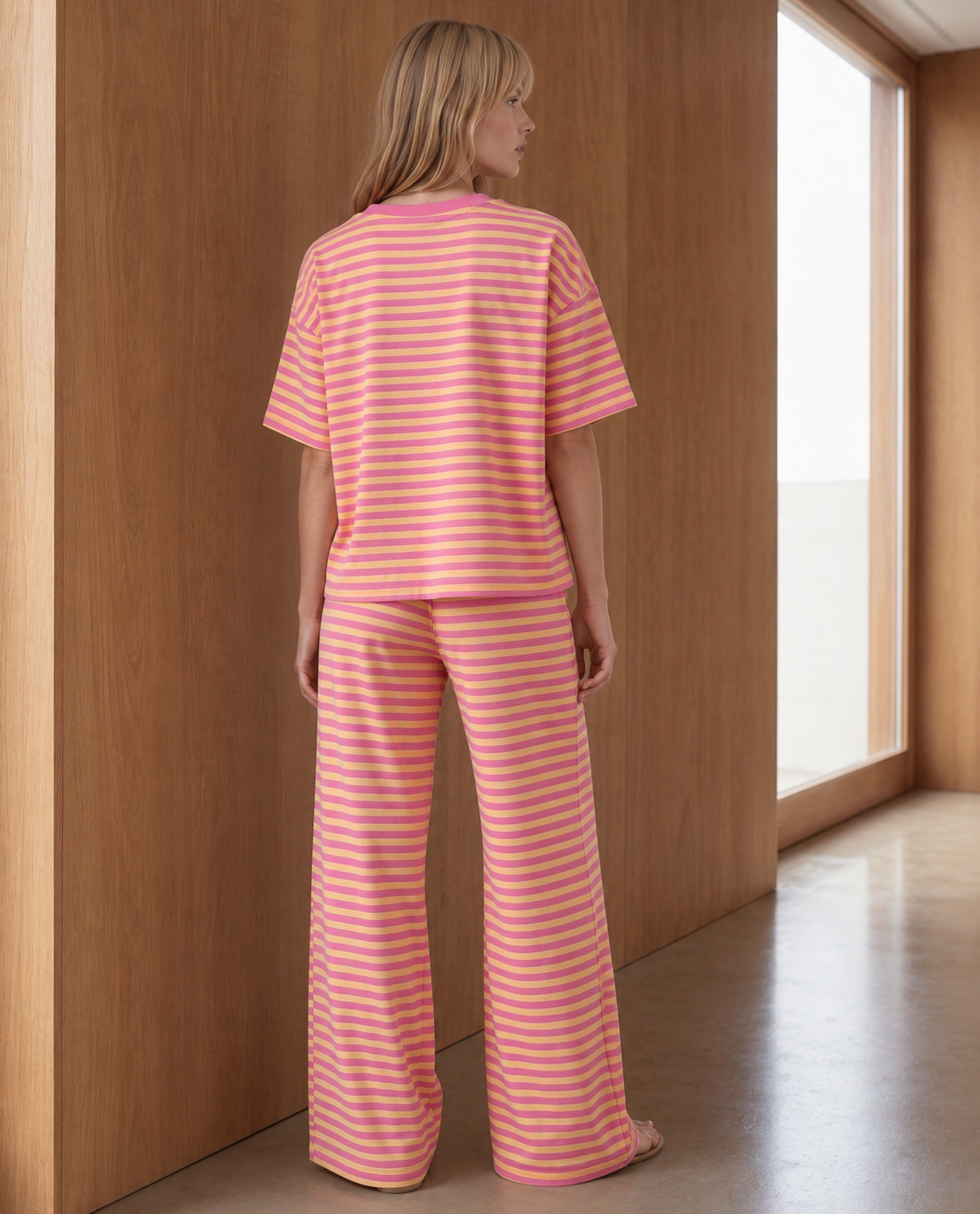 Lexie Drawstring Elastic Waist 2pcs Pant Set in Pink Stripe view 2 - Comfort Stretch (bottom)