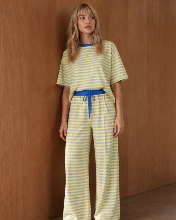Lexie Drawstring Elastic Waist 2pcs Pant Set in Pink Stripe view 4 - Comfort Stretch (bottom)